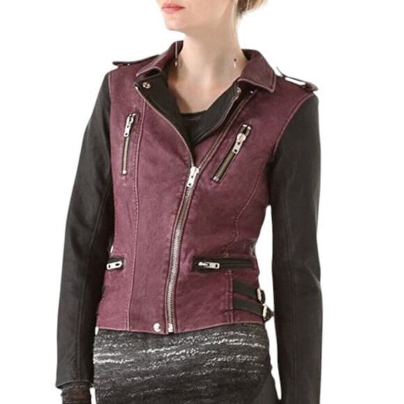 IRO Anabela Colorblock Leather Moto Jacket $1,250 Black & Bordeaux Size XS/2 - Picture 1 of 15